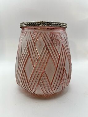 Pink Patterned Glass Candle Holder with Silver Rim